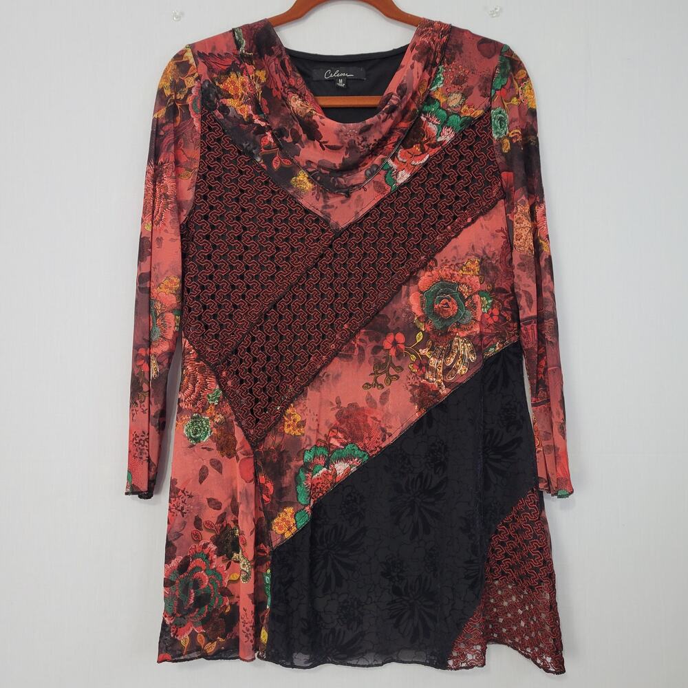 Floral Patchwork Cowl Neck Top women's size M Red Multi Fairy Grunge Artsy Boho